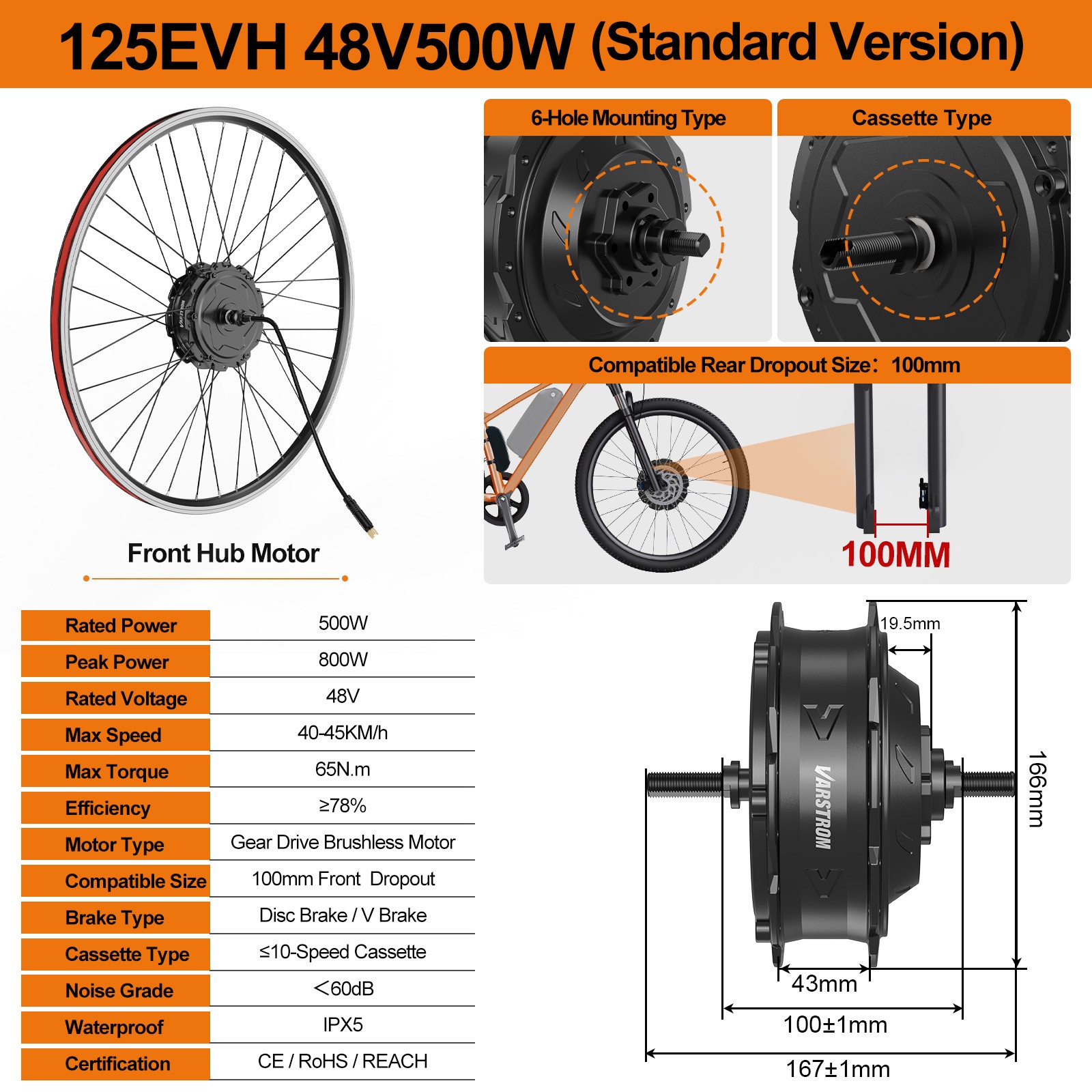 48V500W Front Wheel Hub Motor 20”26”27.5″700C V brake EBike Conversion Kits US