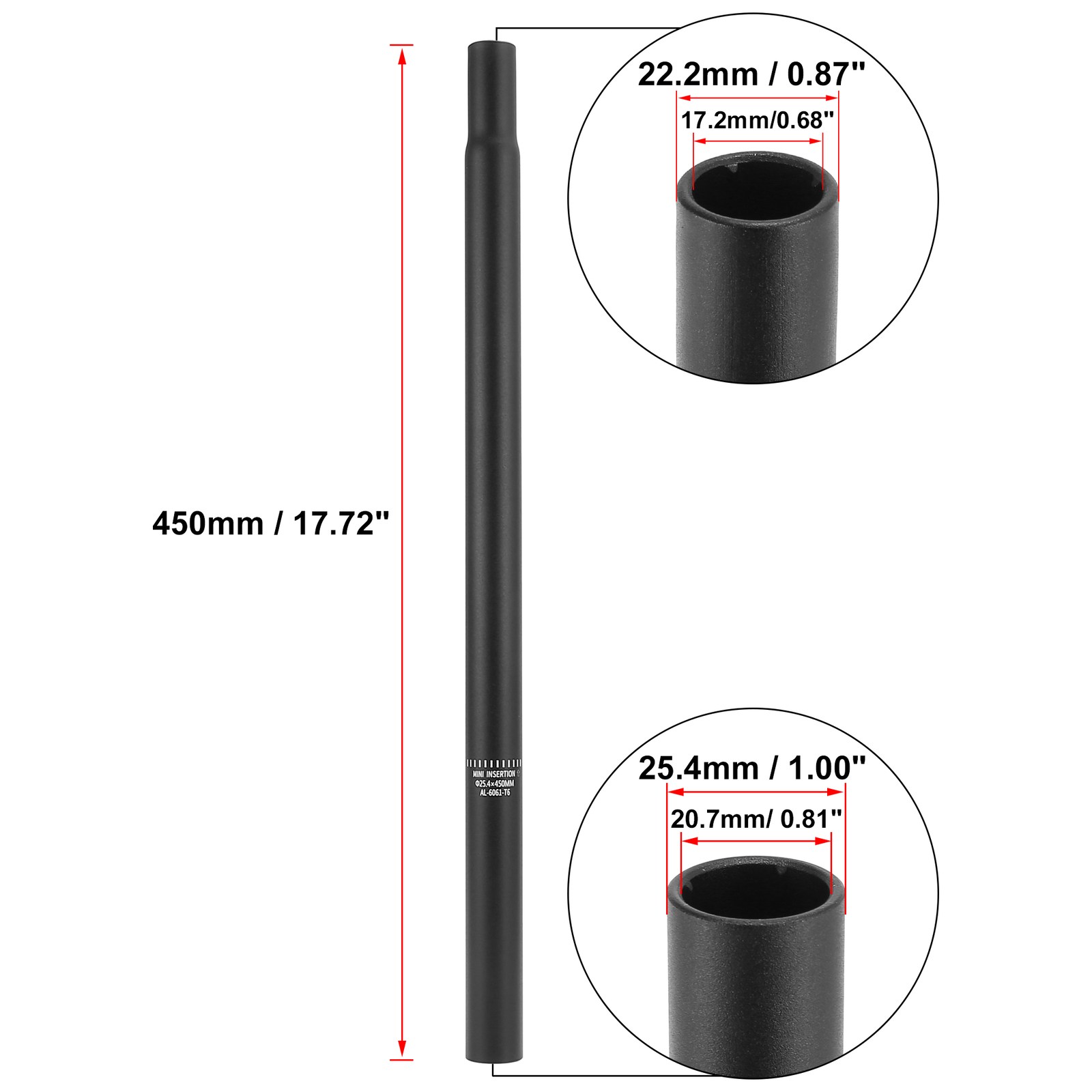 25.4x450mm Bicycle Seat Post Aluminum Alloy Seat Tube without Scale Mark Black