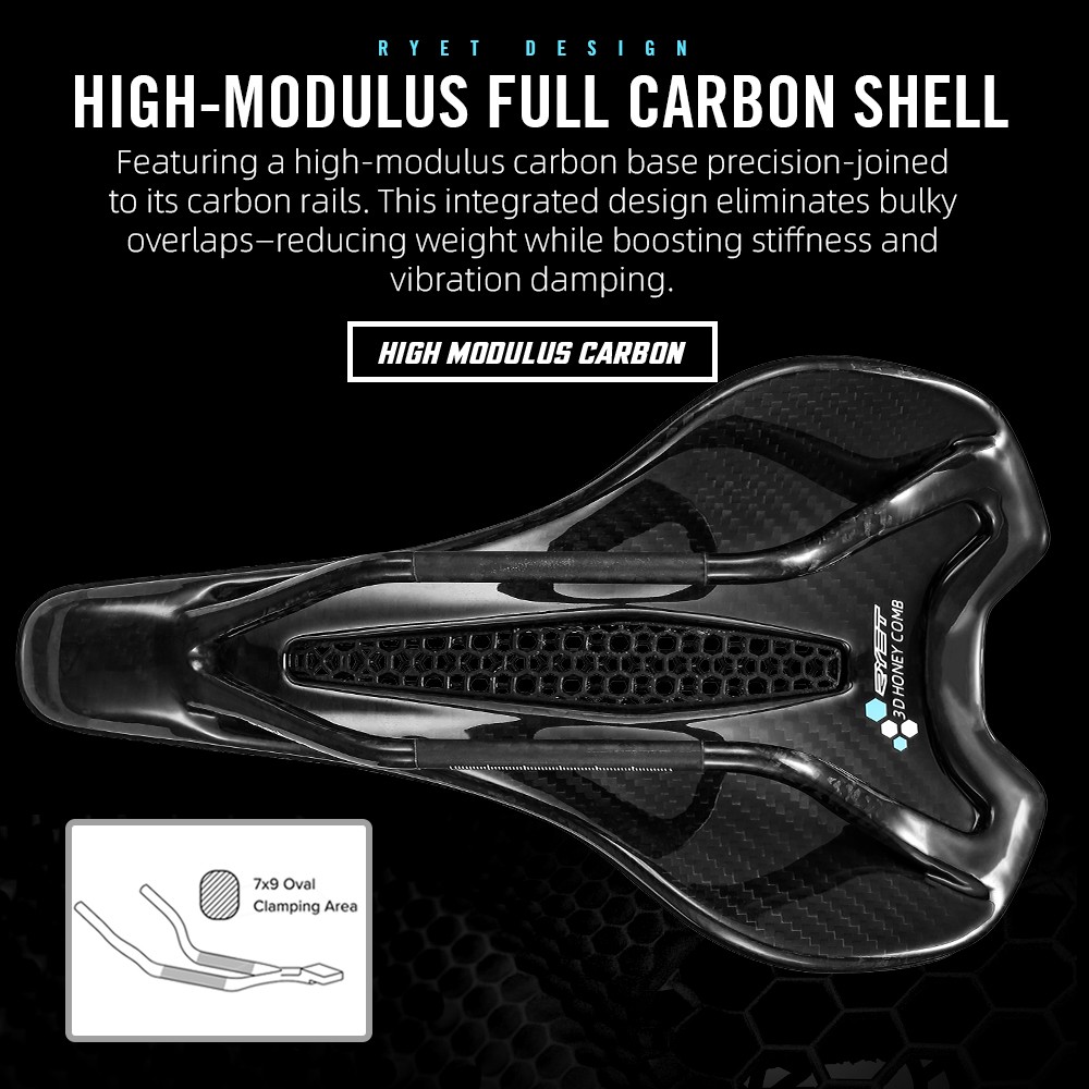 3D Printed Bike Road MTB Saddle 190g Ultralight Full Carbon Fiber Rails 7x9mm
