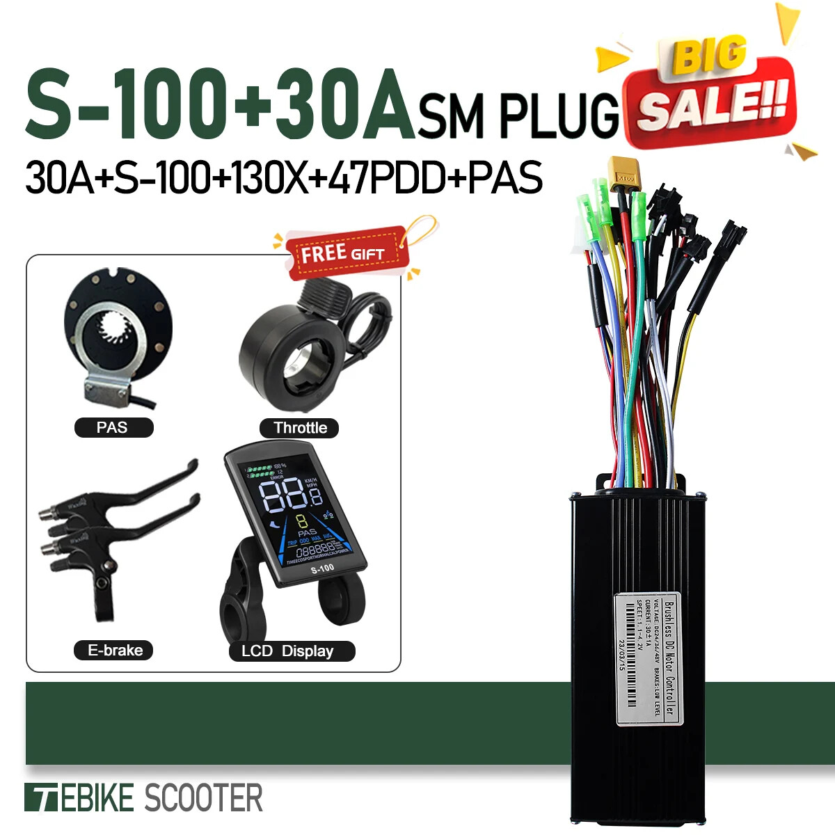 E-Bike Sine Wave 17A26A30A40A Controller 24V-52V 250W-2000W Motor + LCD Display