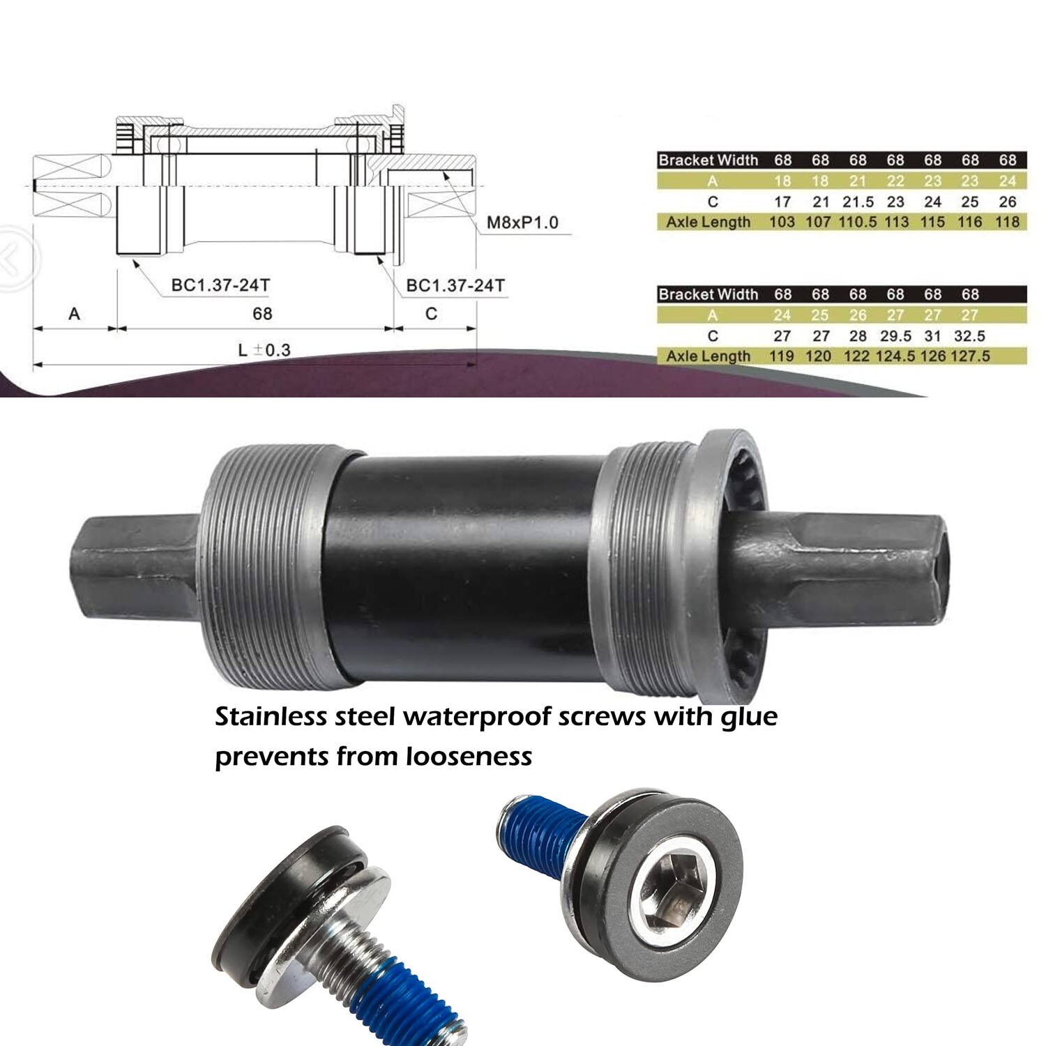 English Square BB Bike Bottom Bracket Set,Square Taper, Aluminum – 68 x 120mm