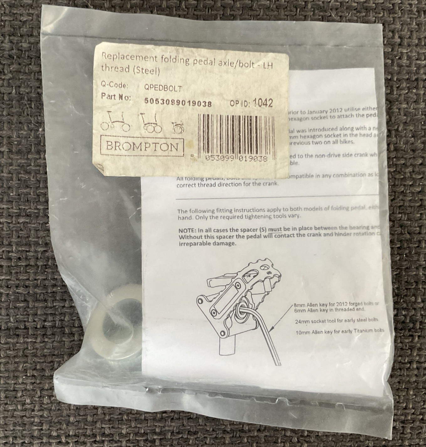 Brompton Folding Pedal Axle/Bolt LH Thread Steel, Free Mainland Shipping