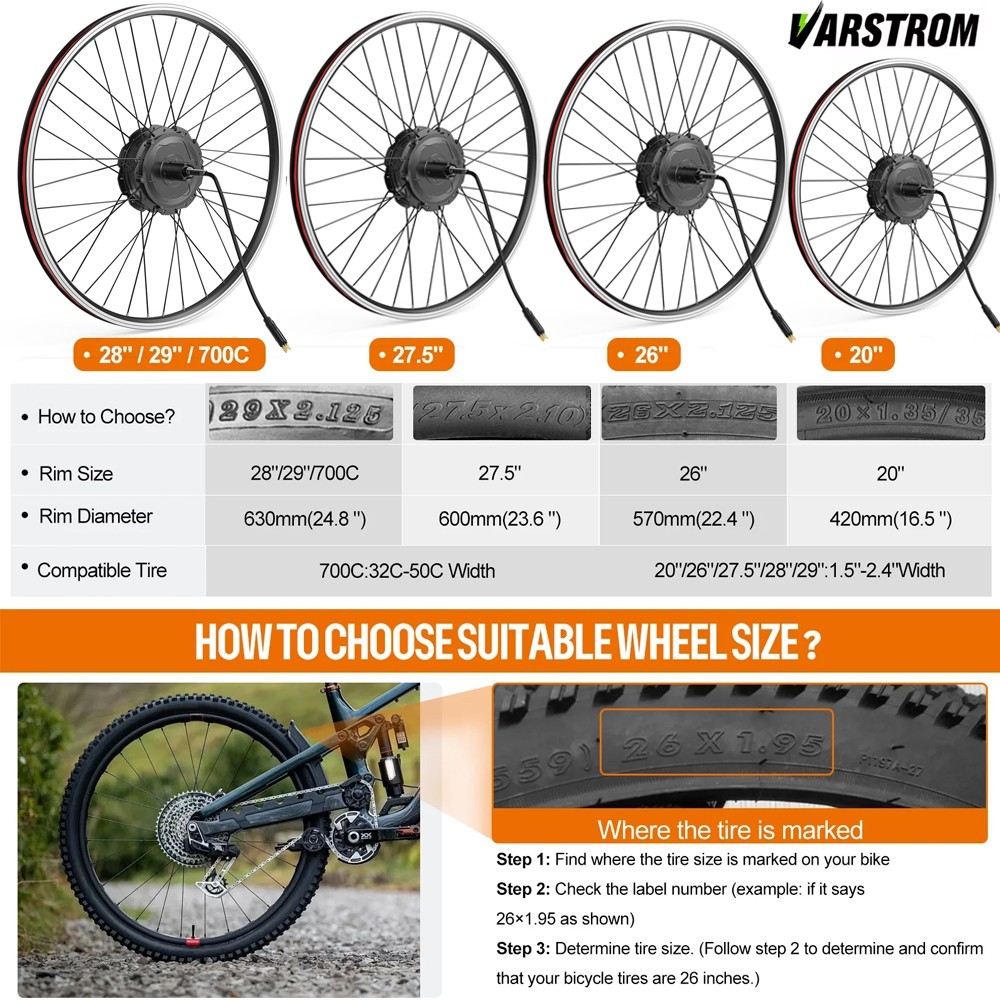 48V 750W Rear Wheel Hub Motor 26″ 27.5″ 700C Varstrom DIY eBike Conversion Kits