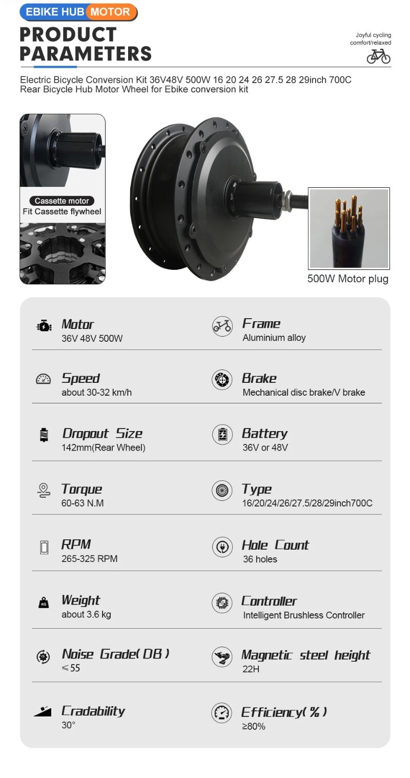 36V/48V 500W Rear Cassette Brushless Geared Hub Motor for MTB Electric Bicycle