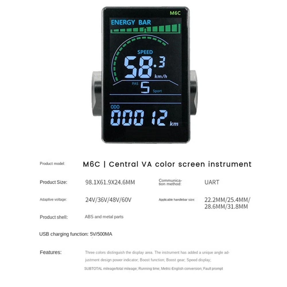 24V 36V 48V 60V M6C Electric Bike LCD Display Meter Color Screen 5pin UART2 US