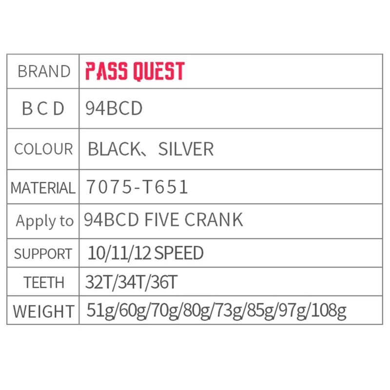 PASS QUEST 94 BCD 5Arm Bicycle Chain wheel ROUND Narrow Wide Chainring 32-40T US