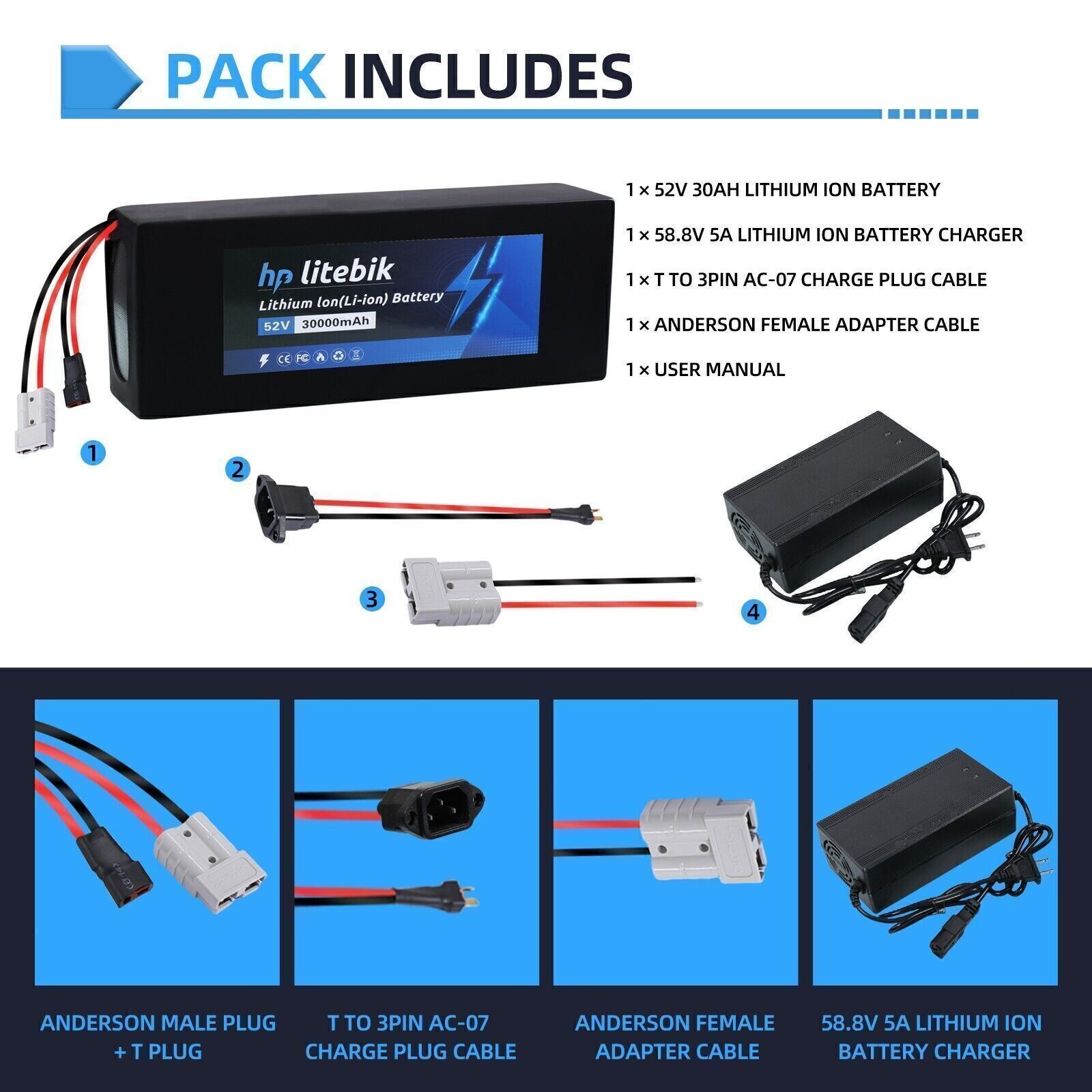 52V 30Ah Ebike Battery for 200W-2600W Electric Scooter Motorcycle Motor Bike BMS