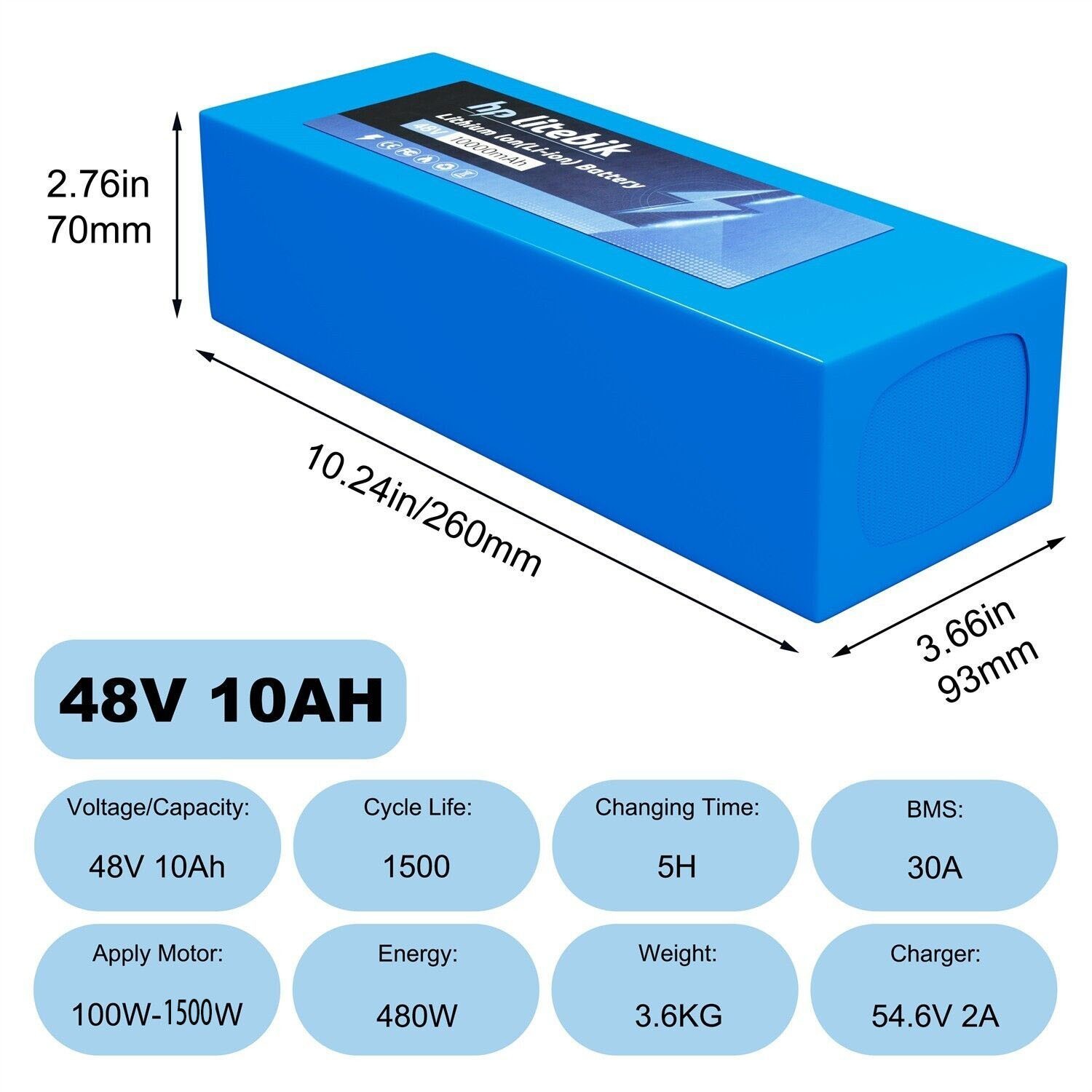 48V 10Ah Lithium Ebike Battery 30A BMS for 100W-1000W Electric Bicycles Scooter