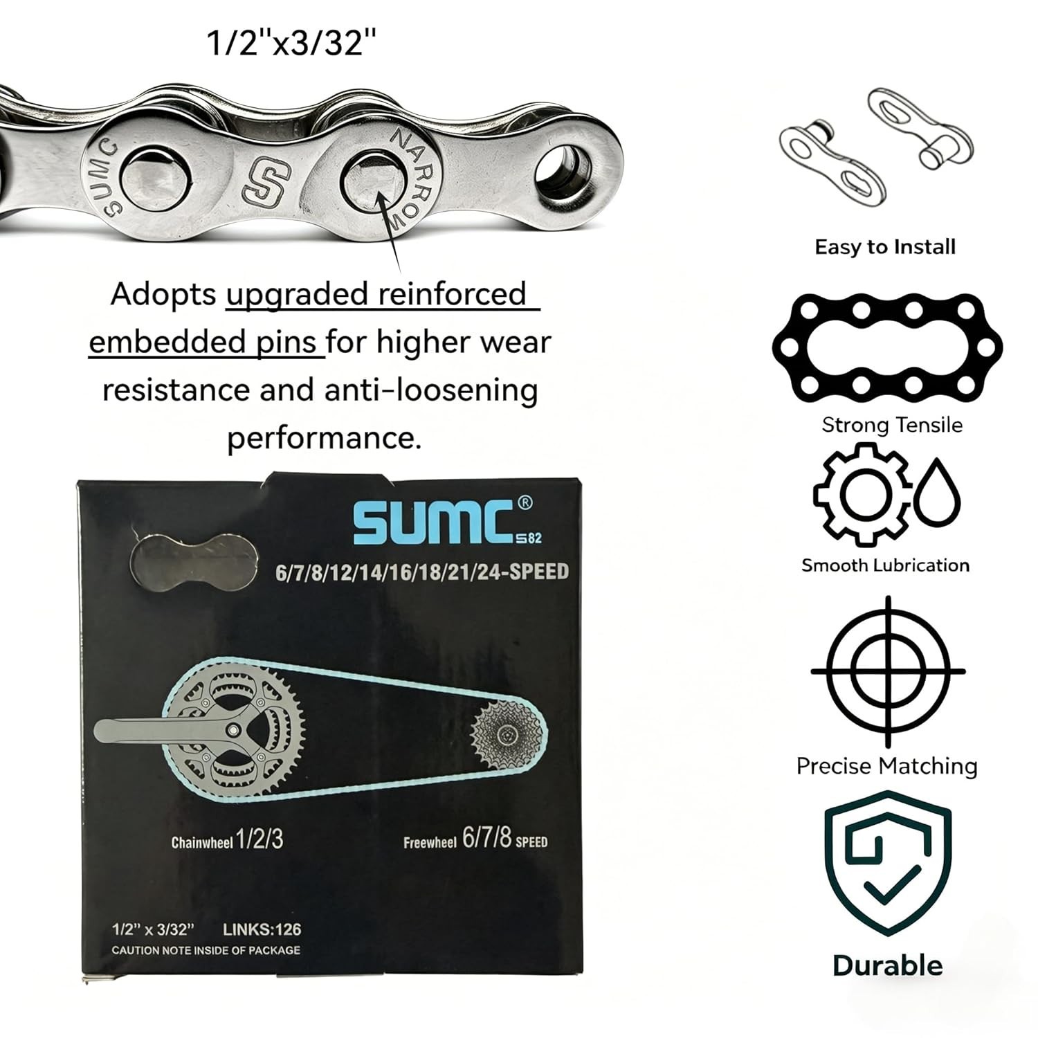 Bike Chain 6/7/8 Speed 126 Links, Replacement Kit with Chain Tool for Hub Mot…