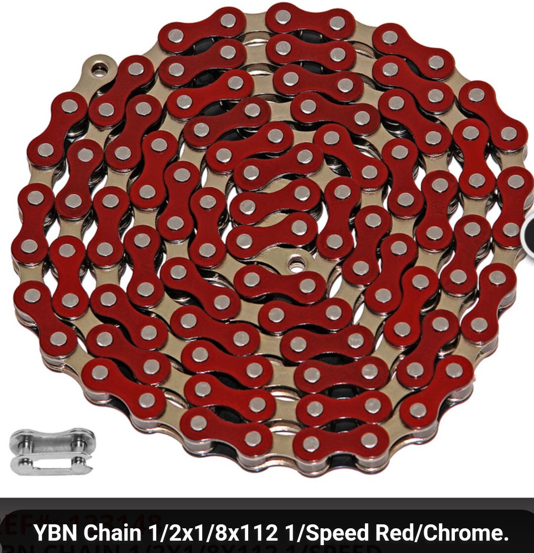SINGLE SPEED BICYCLE CHAIN RED &CHROME 1/2″X1/8″X 112,CRUISER,BMX(most colors)