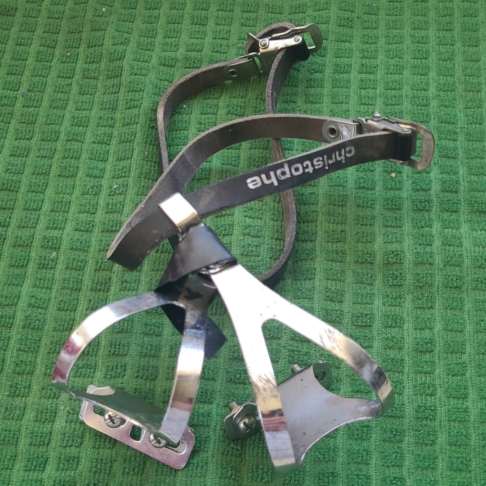Christophe Road Bike Toe Clips w/ Leather Straps Black/Silver 9/16 in