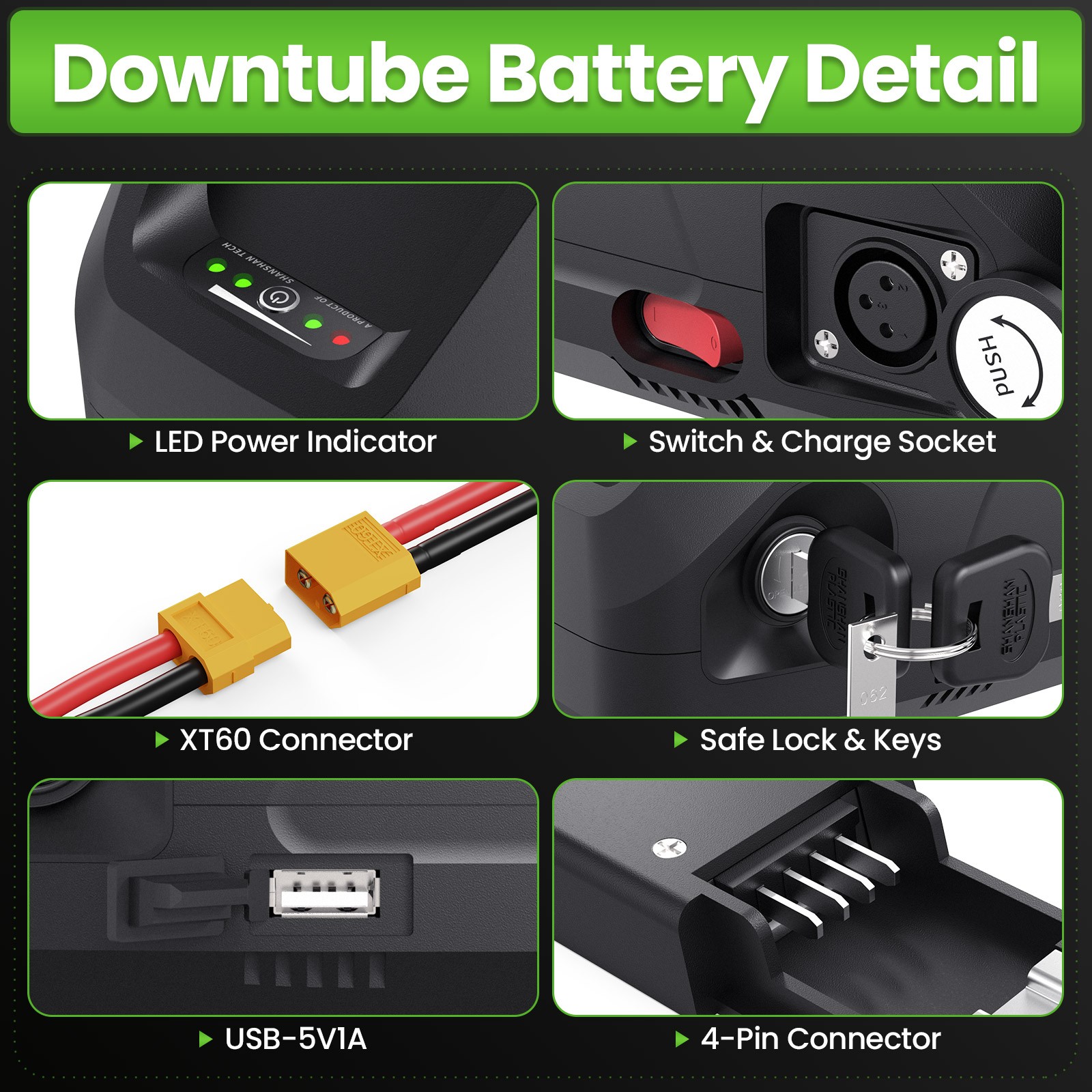 E-bike Lithium battery 36V 48V 52V 20Ah Hailong LG Cells Down Tube 0~2000W Motor