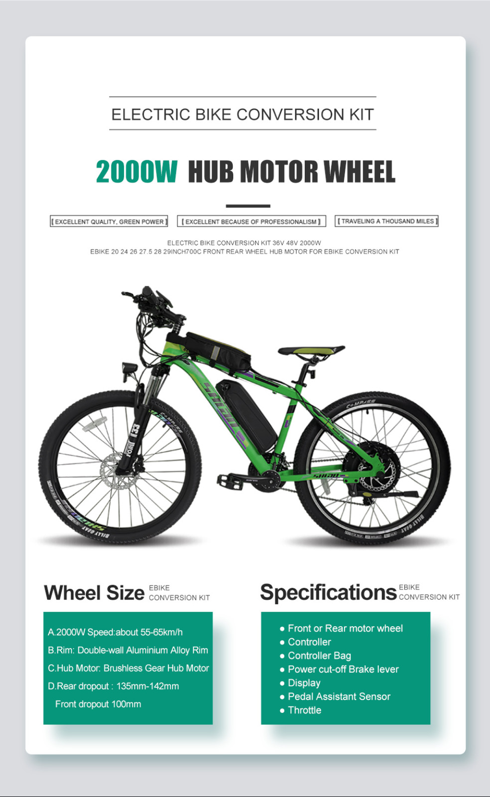 48V 2000W Electric Bike Brushless Non-Gear Front/Rear Motor Conversion Kit
