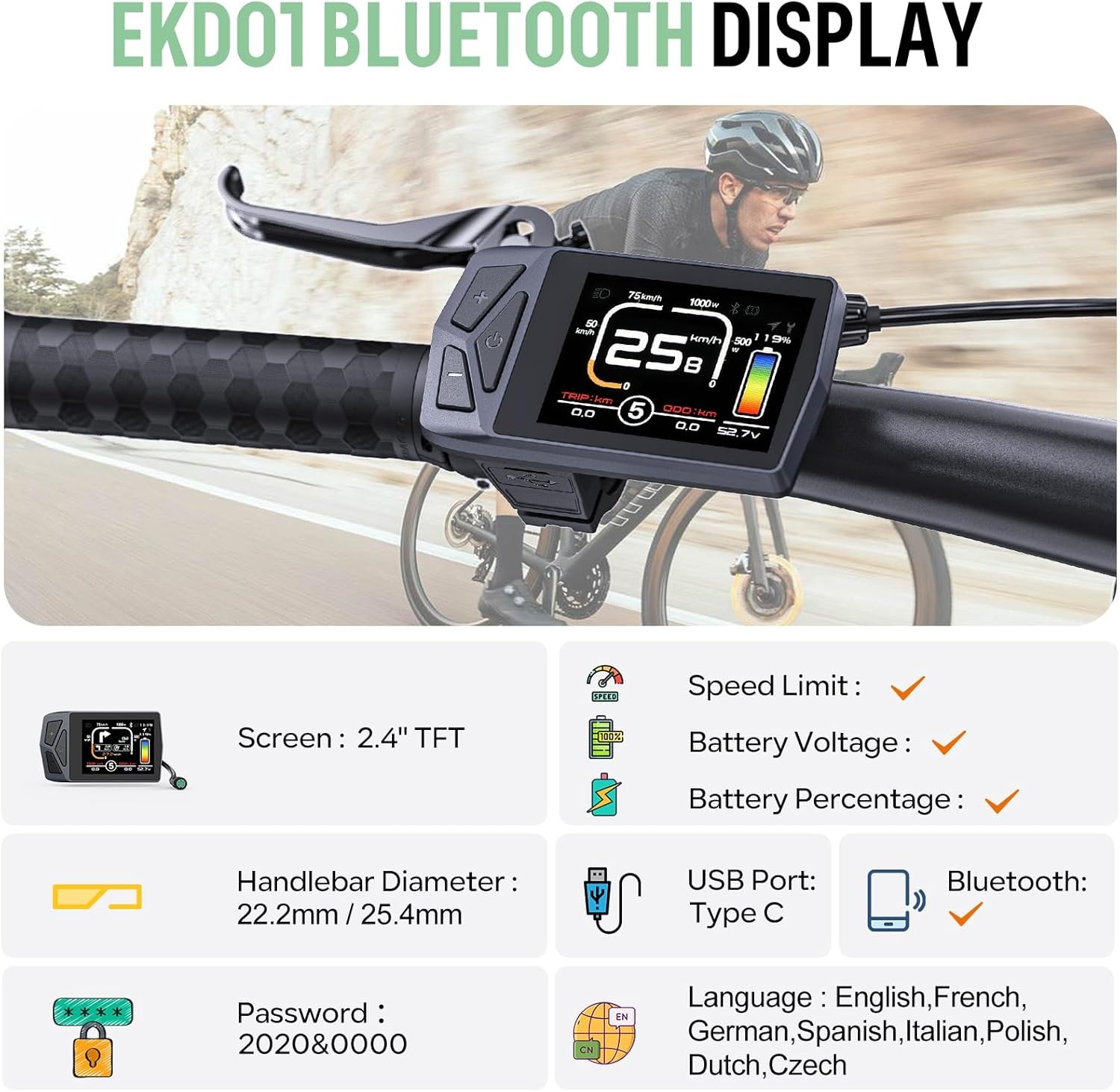 Ebike LCD Display EKD01 UART Protocol for Bafang BBS BBSHD Mid Drive Hub Motor