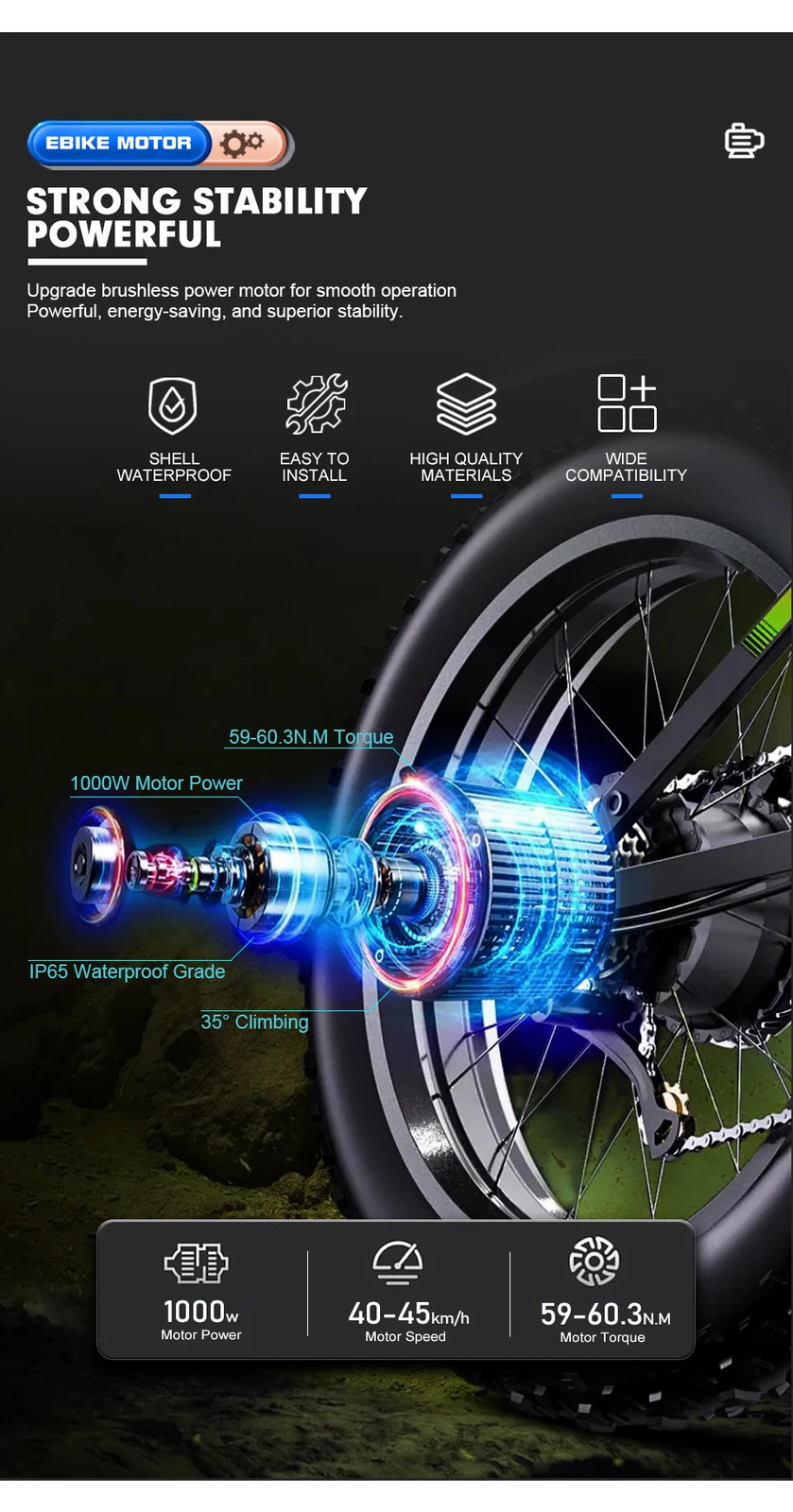 Snow Fat Tire Electric Bike 48V 1000W Front Brushless Hub Motor Wheel 20 24 26in