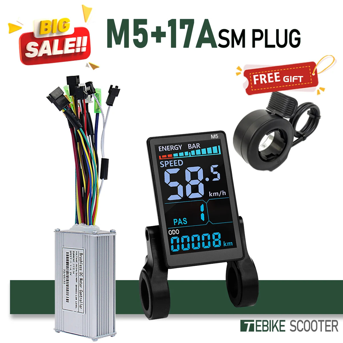 E-Bike Sinewave 3 Mode 17A26A30A40A Controller+Color M5 Display 350W-2000W Motor