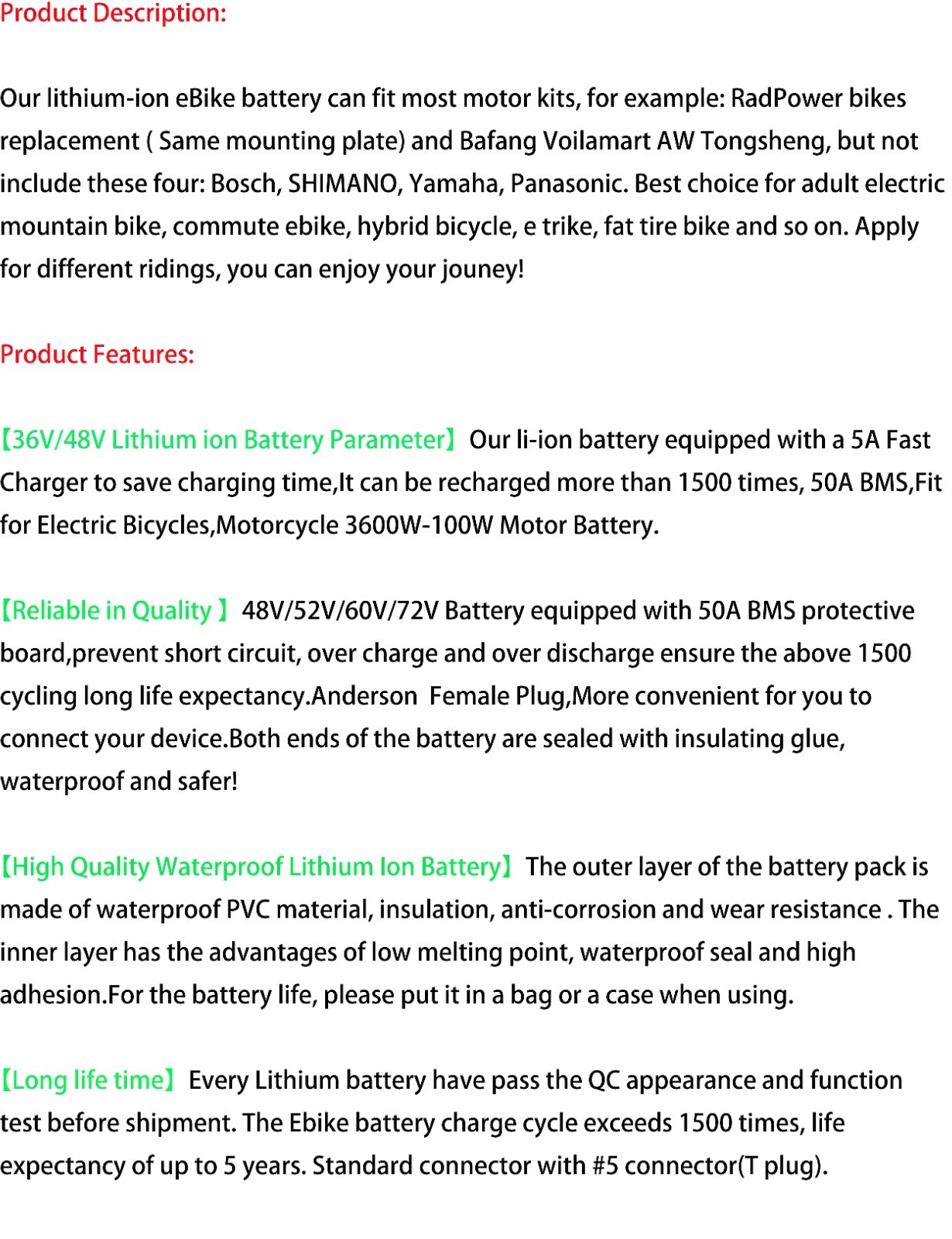 48V 52V 60V 72V 30Ah 20Ah Ebike Battery for Electric Bike Bicycle w/ BMS Li-ion