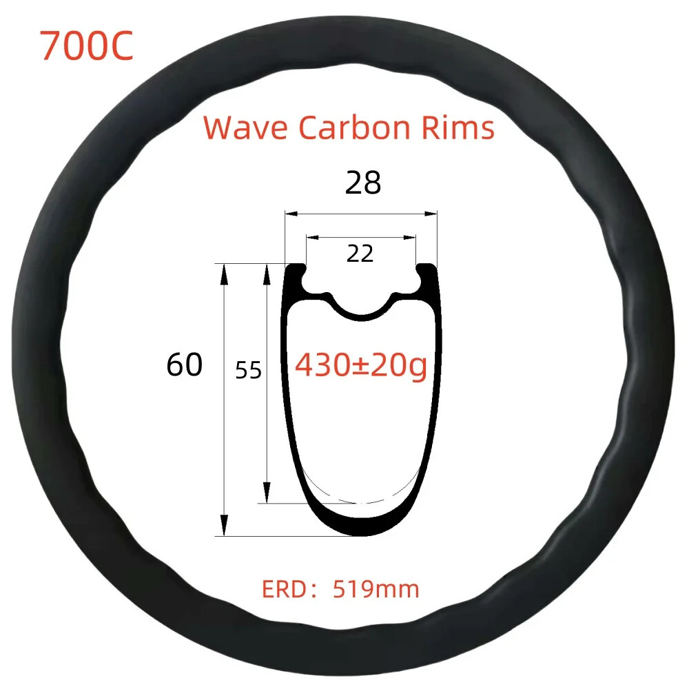 24 Hole Disc Brake Rims 700C Wave Carbon Tubeless Super Light Gravel Bike Wheel