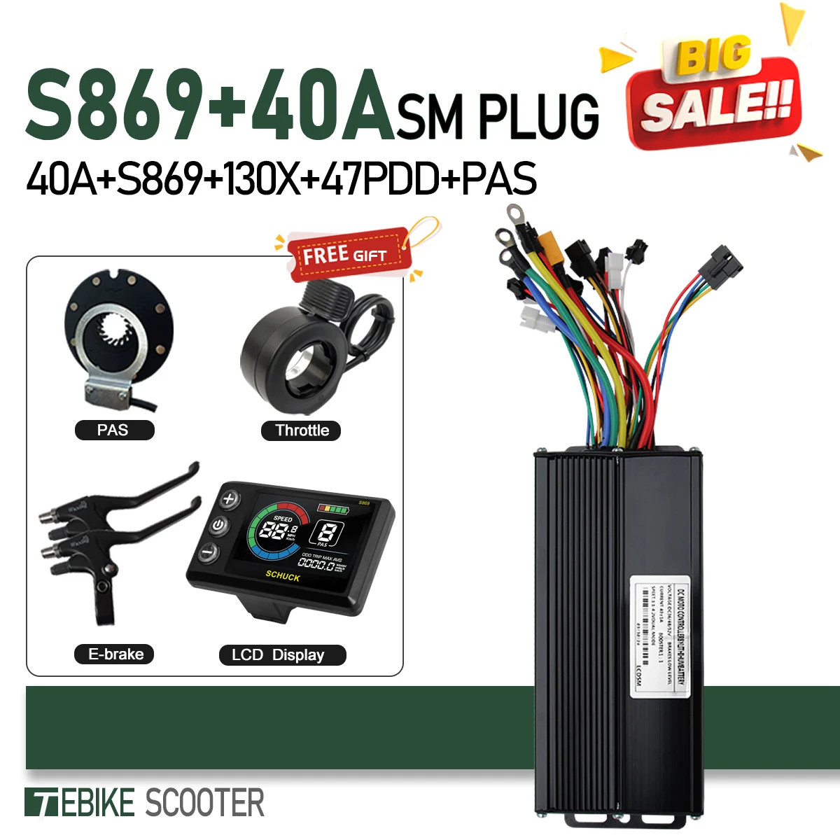 3-Mode 17-40A Sine Wave Controller LCD S866/GD02 Color Compatible Hall Free Hub