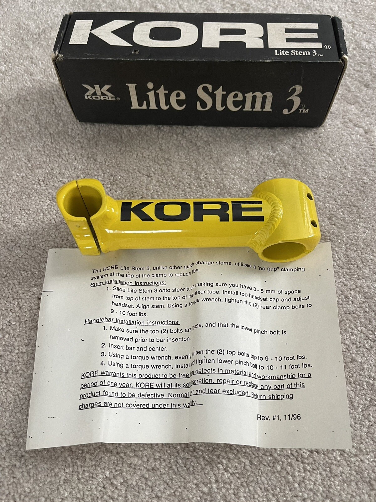 NIB Vintage Kore LiteStem3 Yellow Stem 1 1/8 Threadless 135mmX 0 Deg 25.4mm MTB