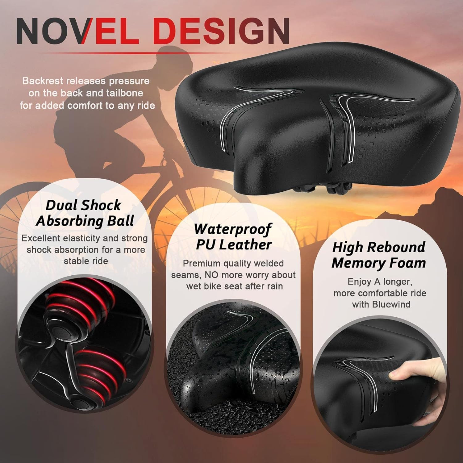 Oversized Bike Seat, Wide Bicycle Saddle Novel Backrest Design for Electric Bike