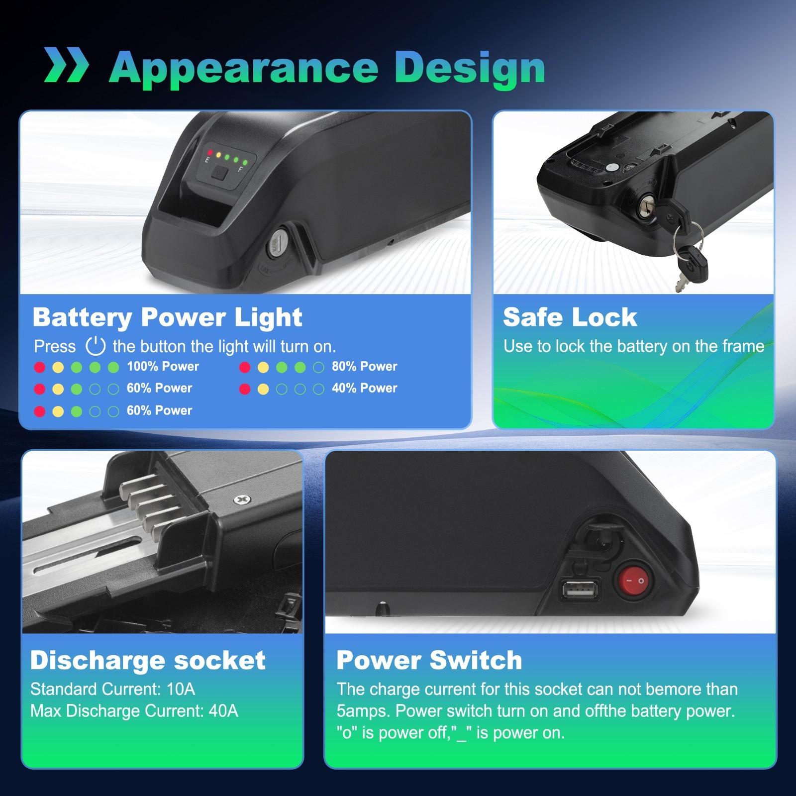 36V 10.4Ah Ebike Lithium Battery w/USB Port for 750W Electric Bike Lockable 5PIN