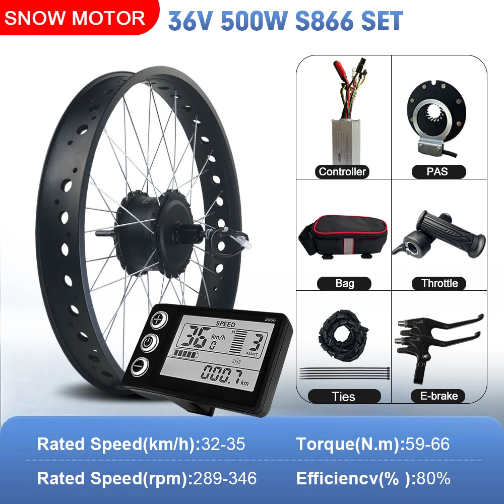 20 24 26inch 4.0 Tyre Snow E-Bike Kit 36 48V 500W Rear Cassette Hub Motor Wheel