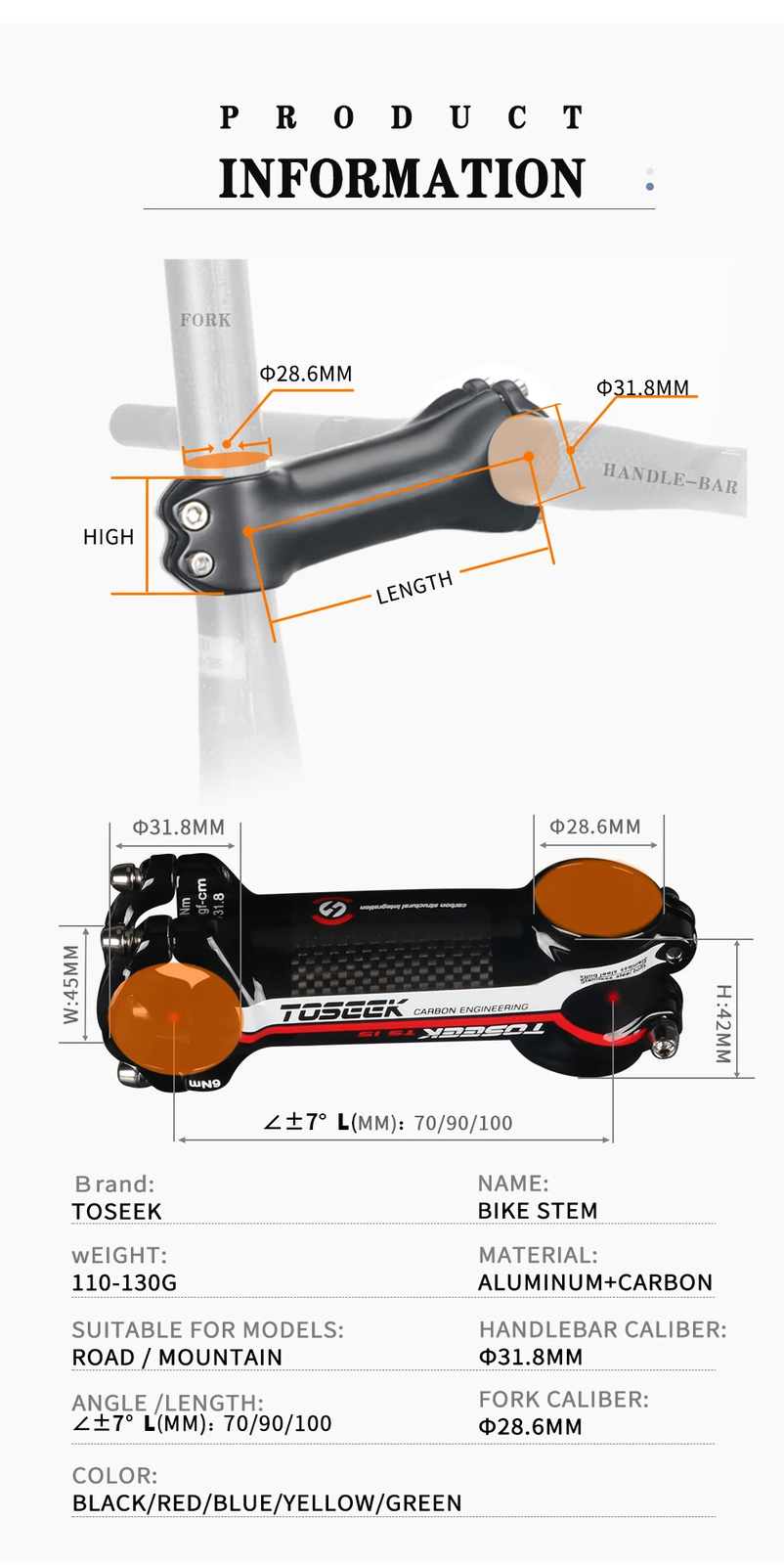Carbon Stem 70/90/100mm Bike Power Handlebar Stem 7 Degree 31.8mm MTB Bike Stem