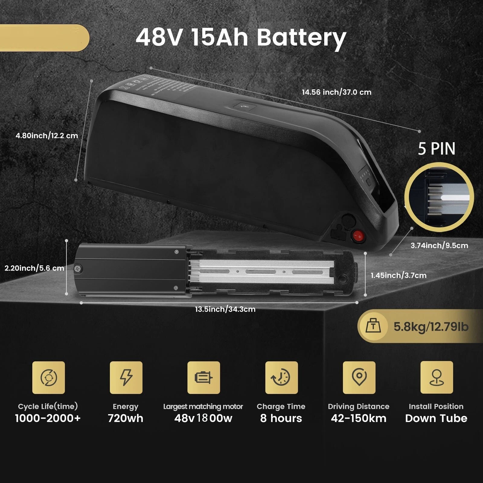 5PIN 48V 10Ah/15Ah/20Ah Electric bicycle Ebike lithium battery 200W-1800W Motors