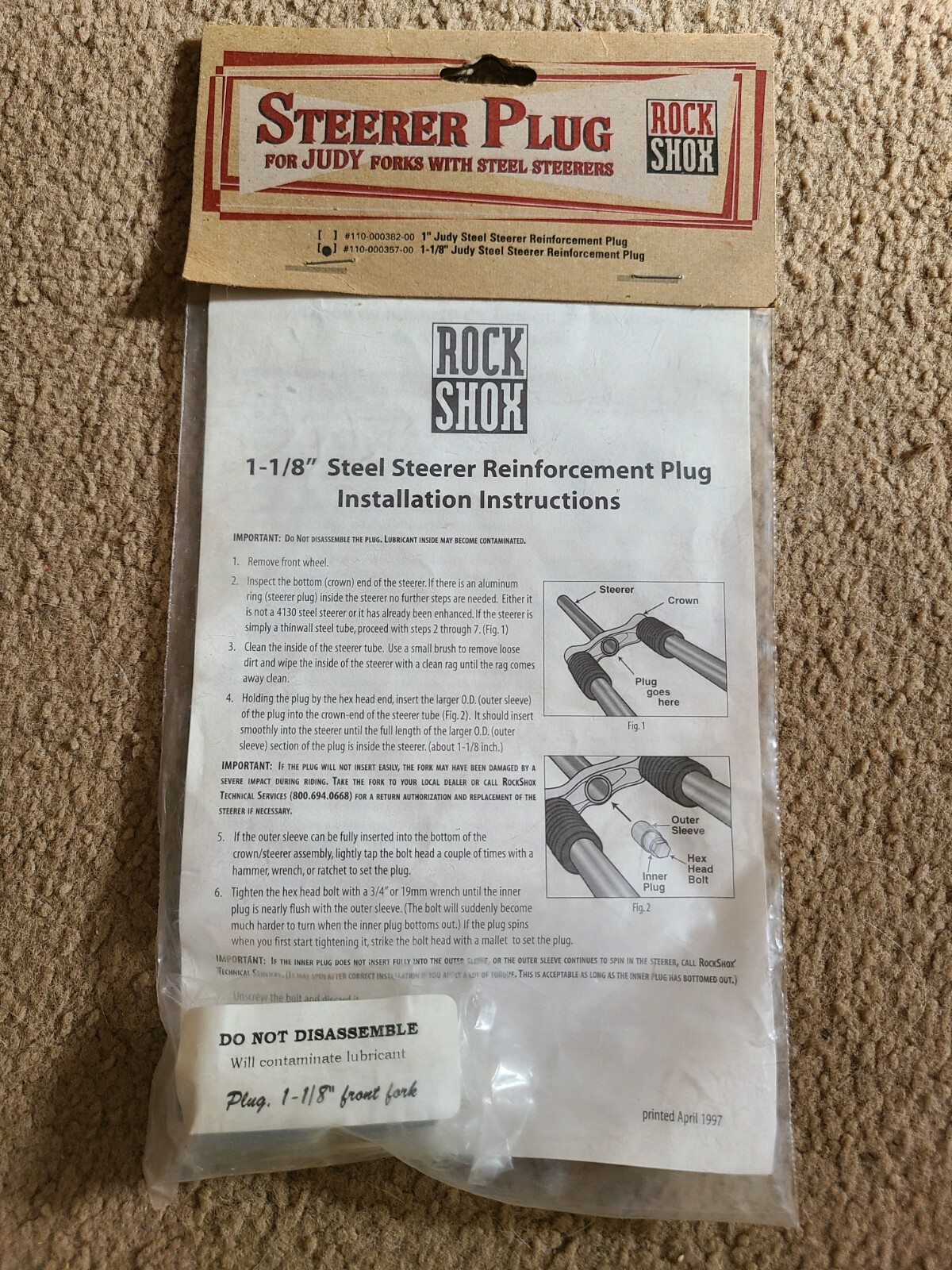 NOS RockShox 1-1/8″ Steerer Reinforcement Plug for Judy Forks w/ Steel Steerers