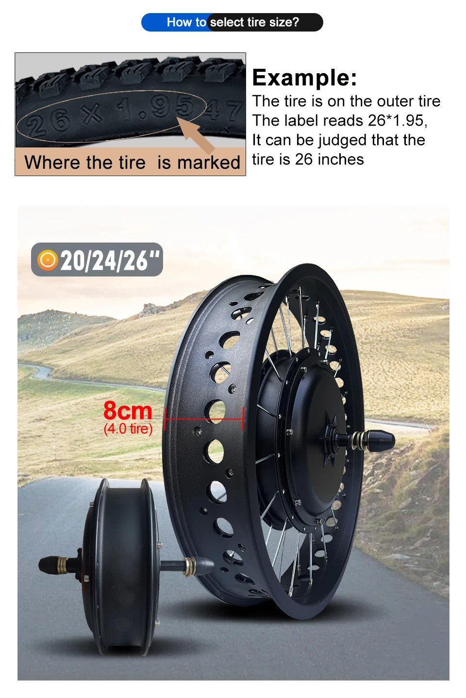 Snow Fat Tire Electric Bike 48V 1000W Front Brushless Hub Motor Wheel 20 24 26in