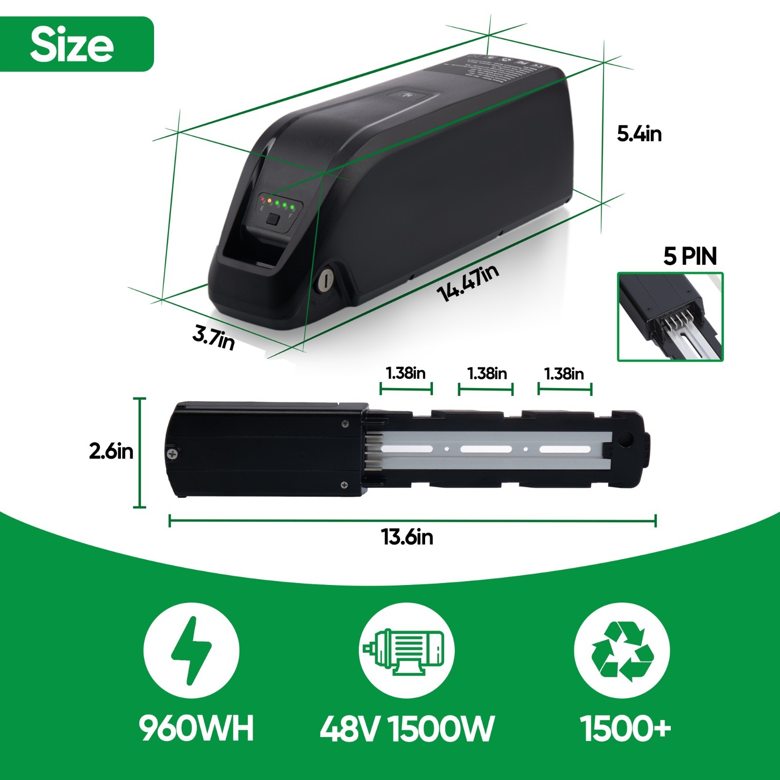 52V 48V 36V 10AH/15AH/20AH eBike Lithium Battery for Bicycle 0-2000W Motor 5-PIN