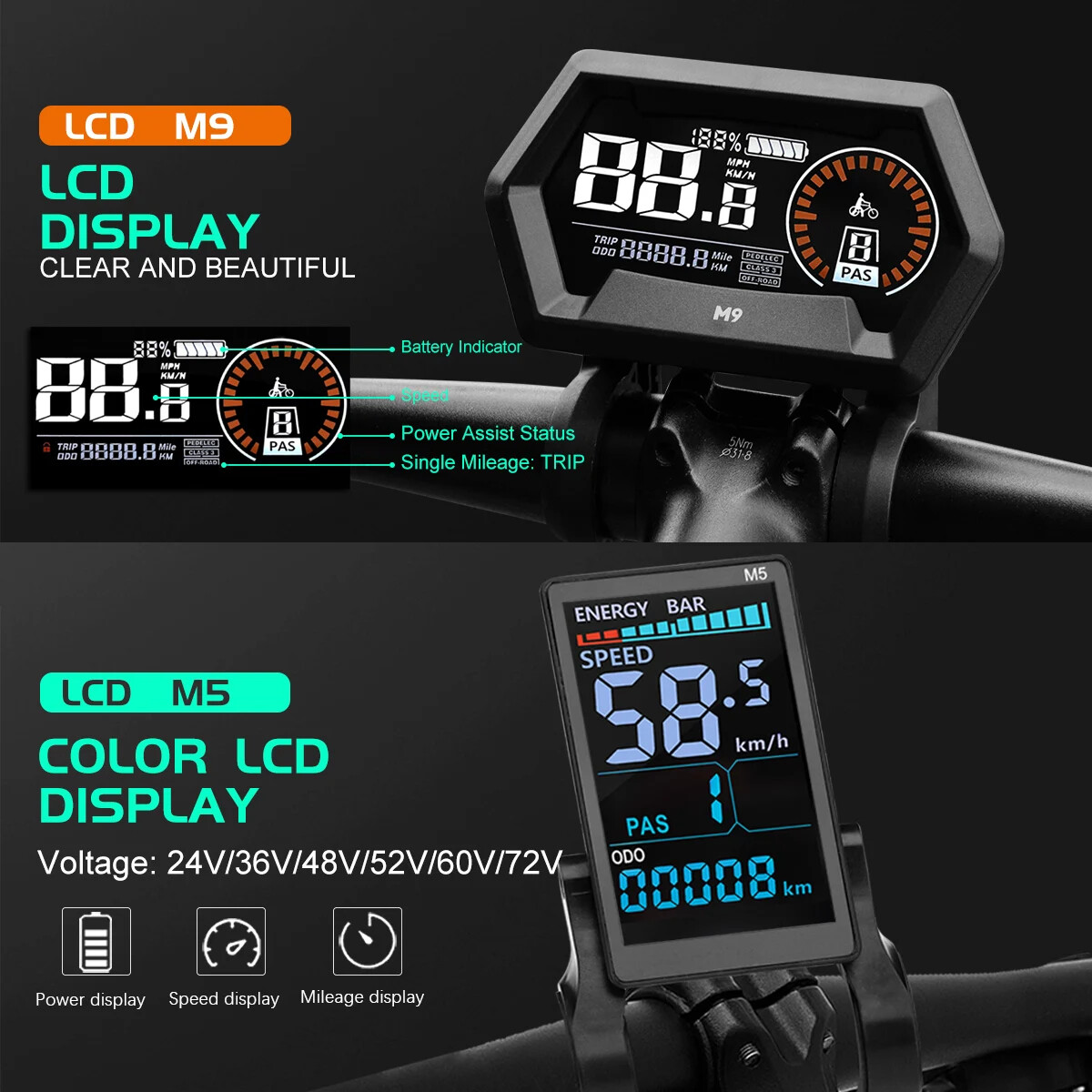 3 Mode E-bike Sinewave Controller 17A 26A 30A 40A with M5 M9 Display 250W-2000W
