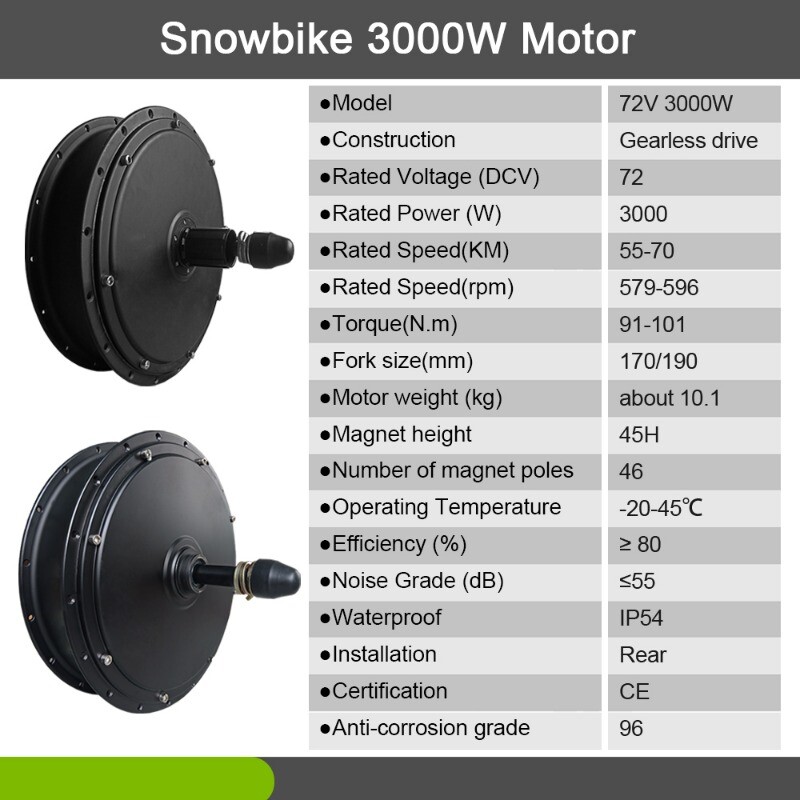 Snow E-bike 36V 48V 72V 500W 1000W 1500W 3000W Brushless Gearless Motor Wheel