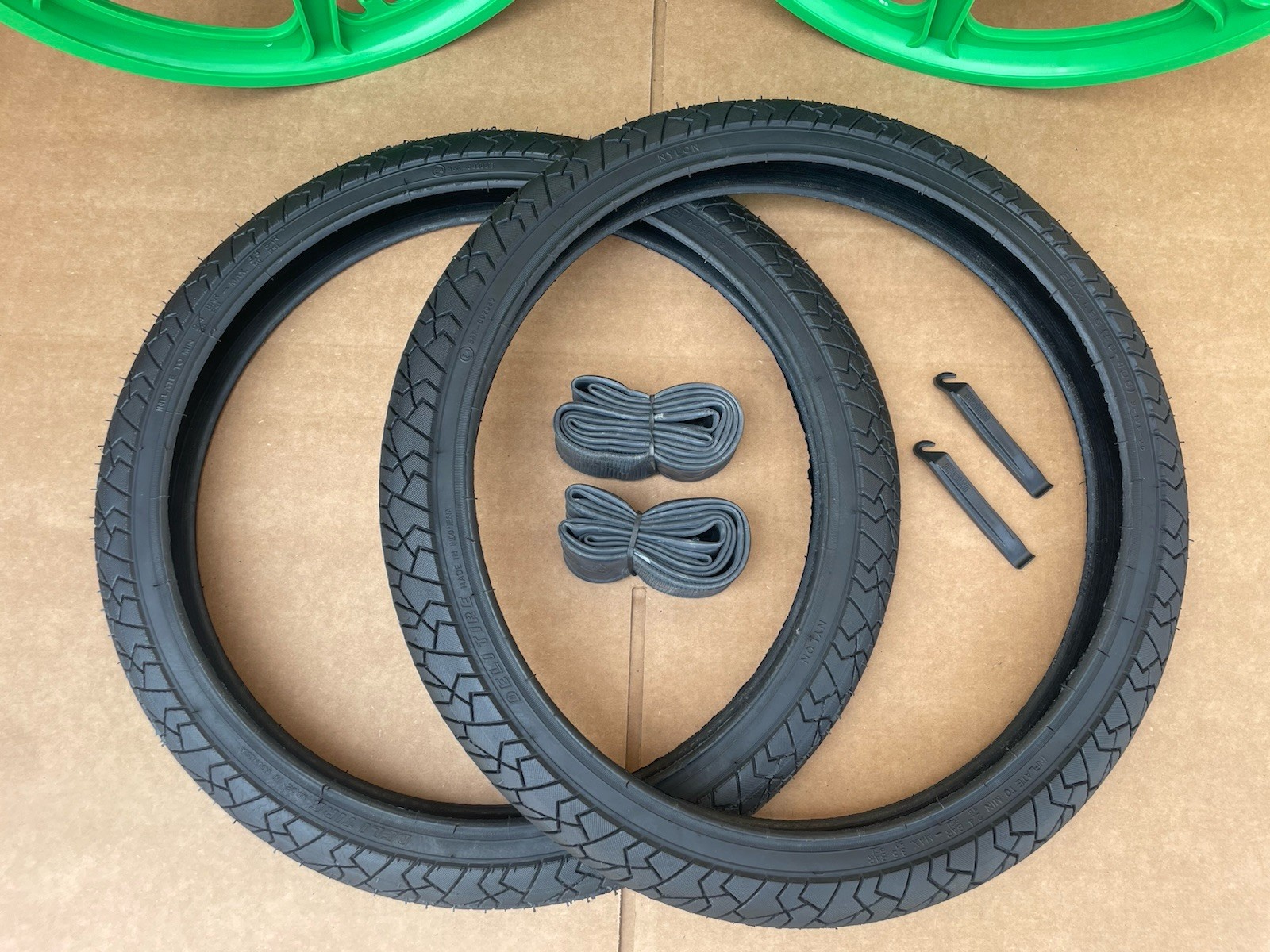 20″ Bicycle Plastic GREEN 6-spoke Mag Wheels Set Street Slick Tires GT Rims BMX