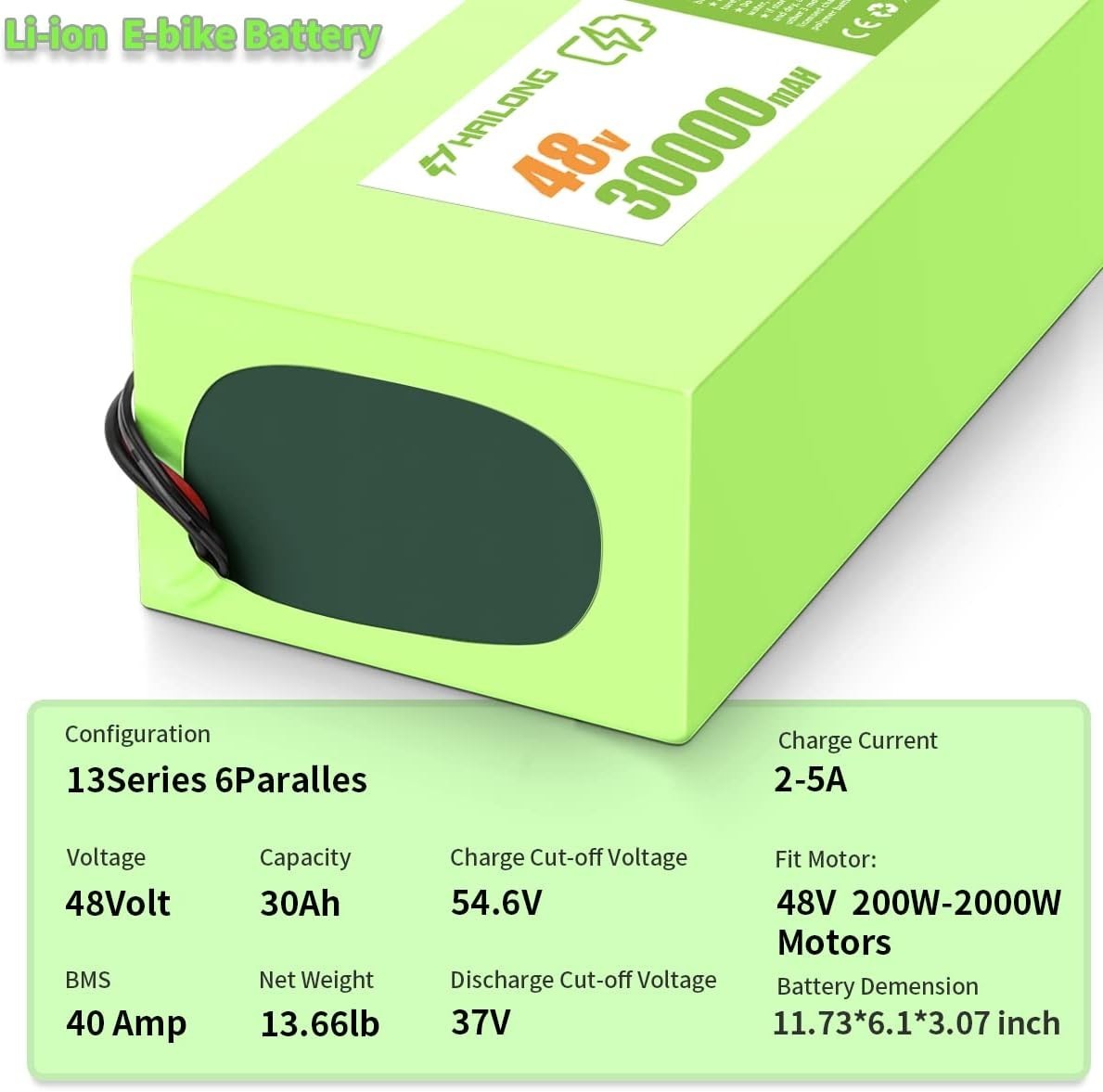 New 24V 36V 48V 52V 60V battery Green lithium battery