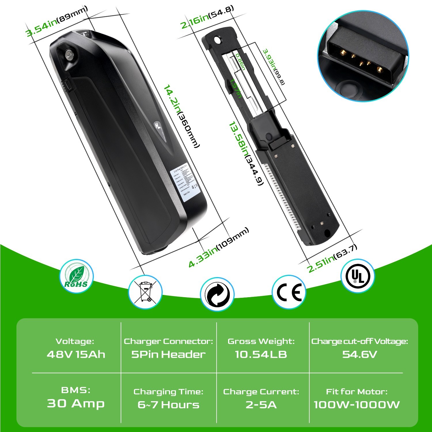 Hailong 48V 15Ah Battery for 100W-1000W Ebike Electric Bike Lithium Battery BMS