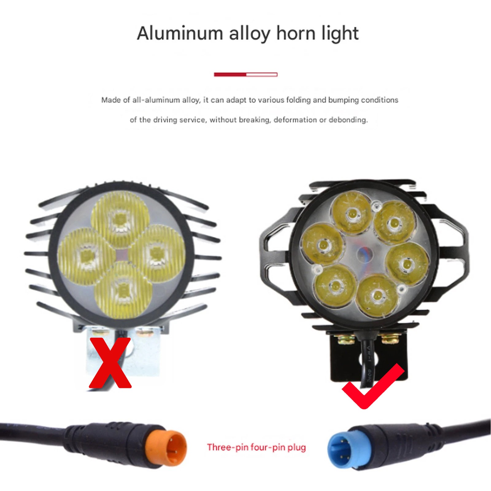 Electric Bike 6 LED Headlight 36V 48V 60V Front Light with Built-In Horn 3/4 Pin