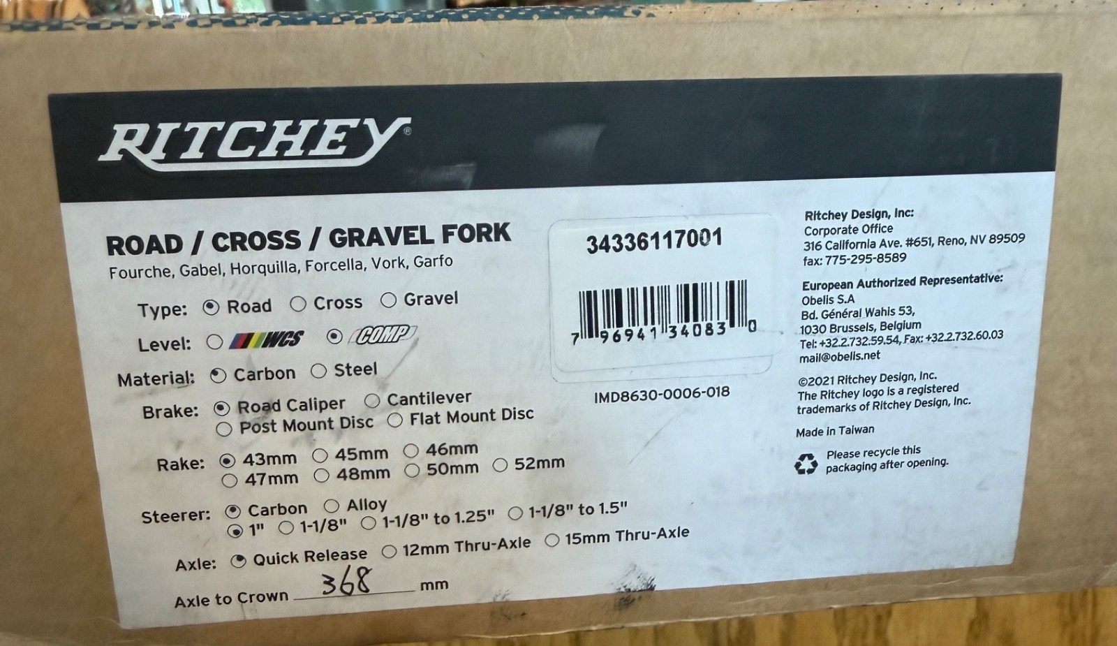 Ritchey Comp Carbon Road Fork (700c, 1″ Straight Steerer, QR, Rim Brake)