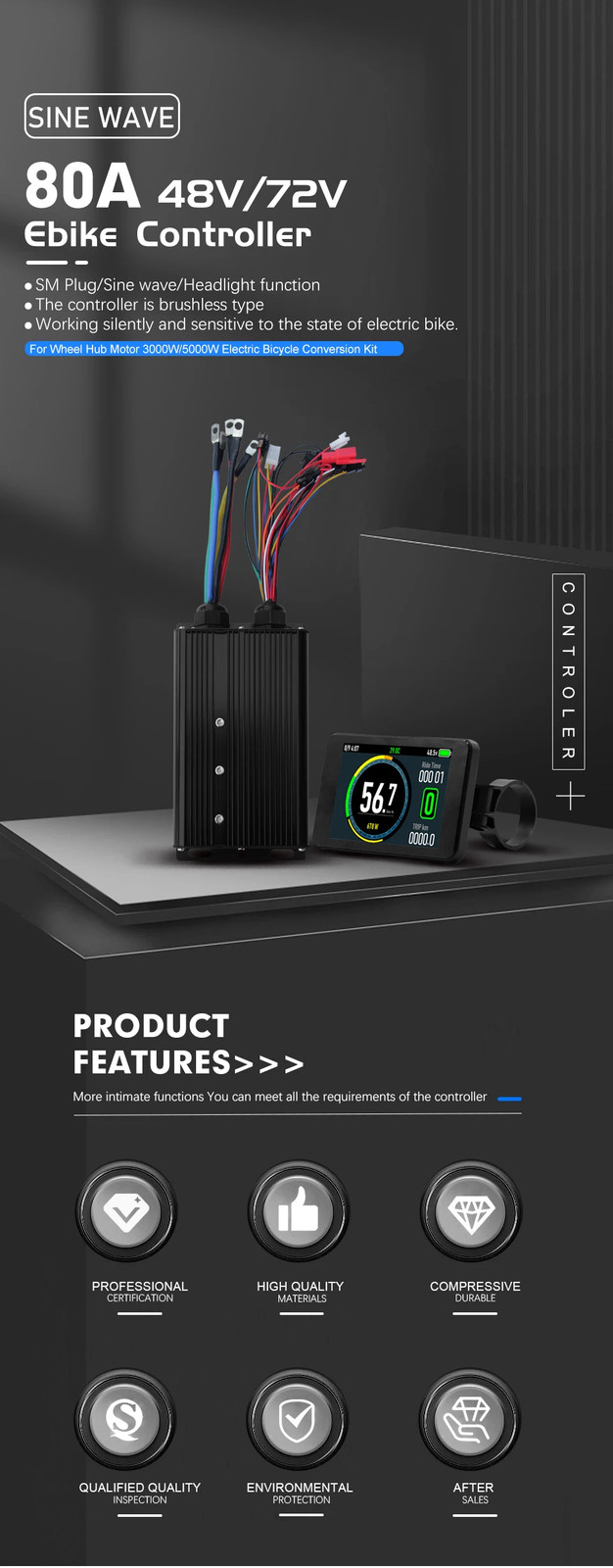 E-bike Sine Wave Controller 48V 72V 80A with LCD Color Display 5000W Motor Kit