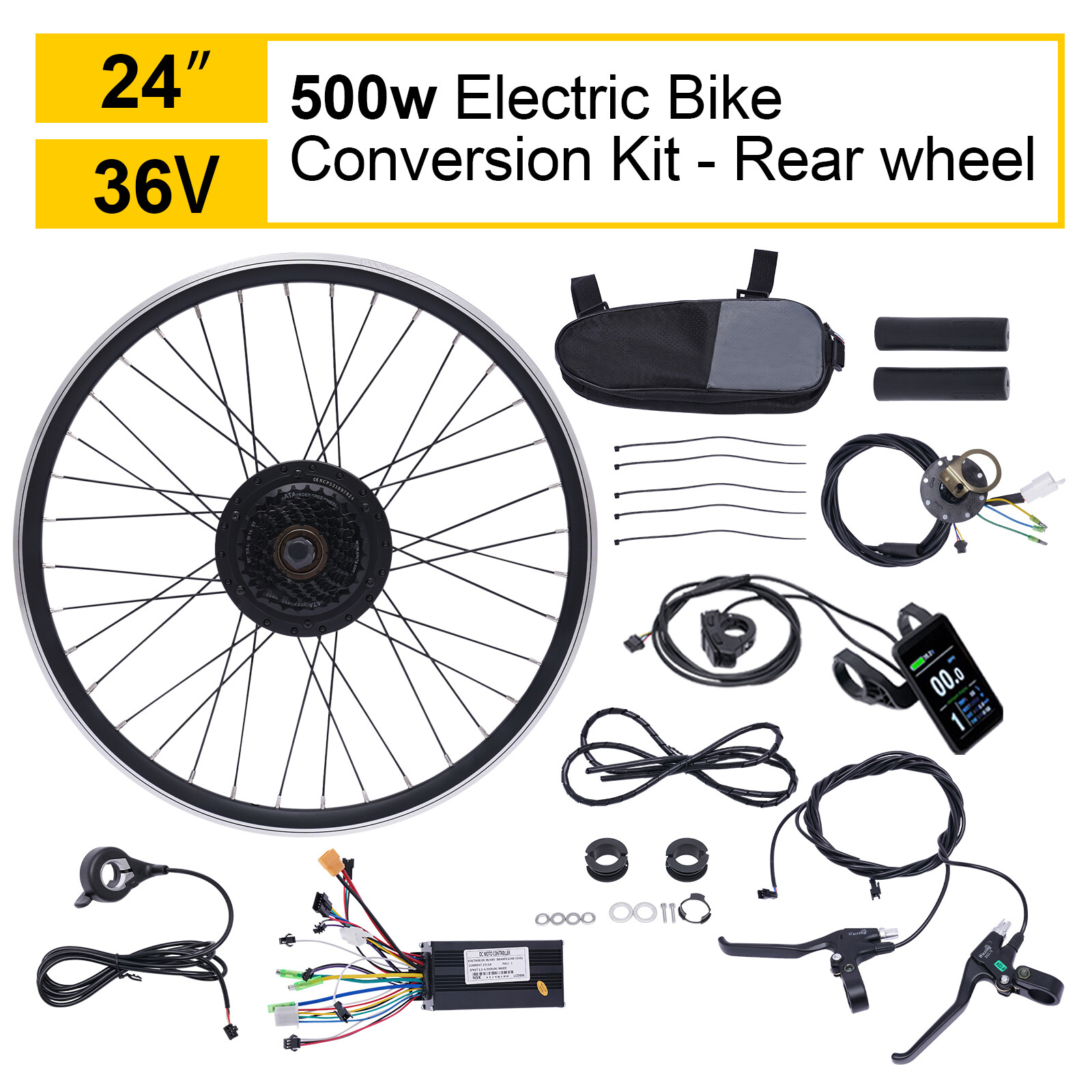 24 Inch Electric Bicycle Conversion Kit E-Bike Rear Wheel Motor Hub Set 36V 500W