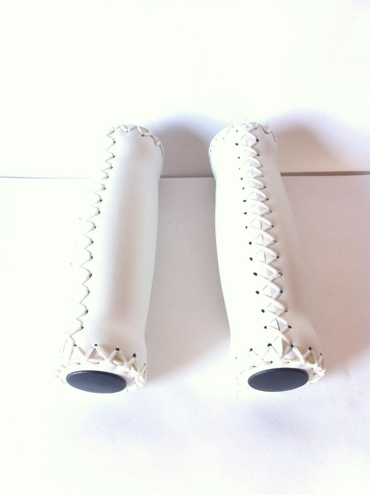 Bicycle Custom Grips Hand Stitches Faux Leather 125mm Cruiser Bikes WHITE