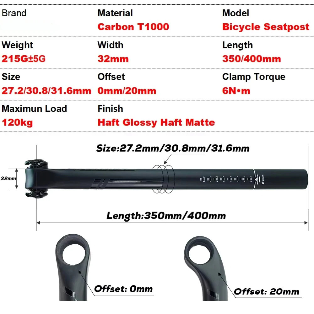 Carbon Fiber Seatpost MTB/Road Bike Seat Tube 0°/20° Rail 7×9/7x7mm 27.2-31.6mm