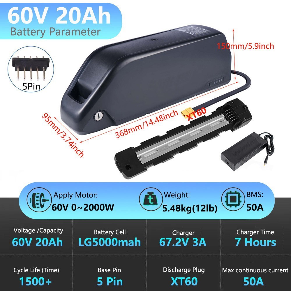 E-bike Battery 60V 52V 48V 25Ah 20Ah Lithium For Electric Bicycle 0-2000W Motor