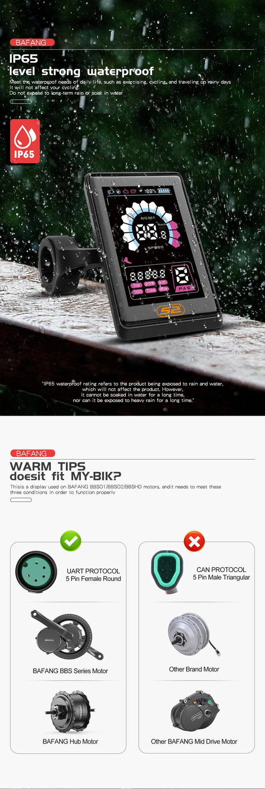 UART LCD UKS2 Color Display BAFANG BBS01 BBS02B BBSHD Mid Drive Ebike Computer