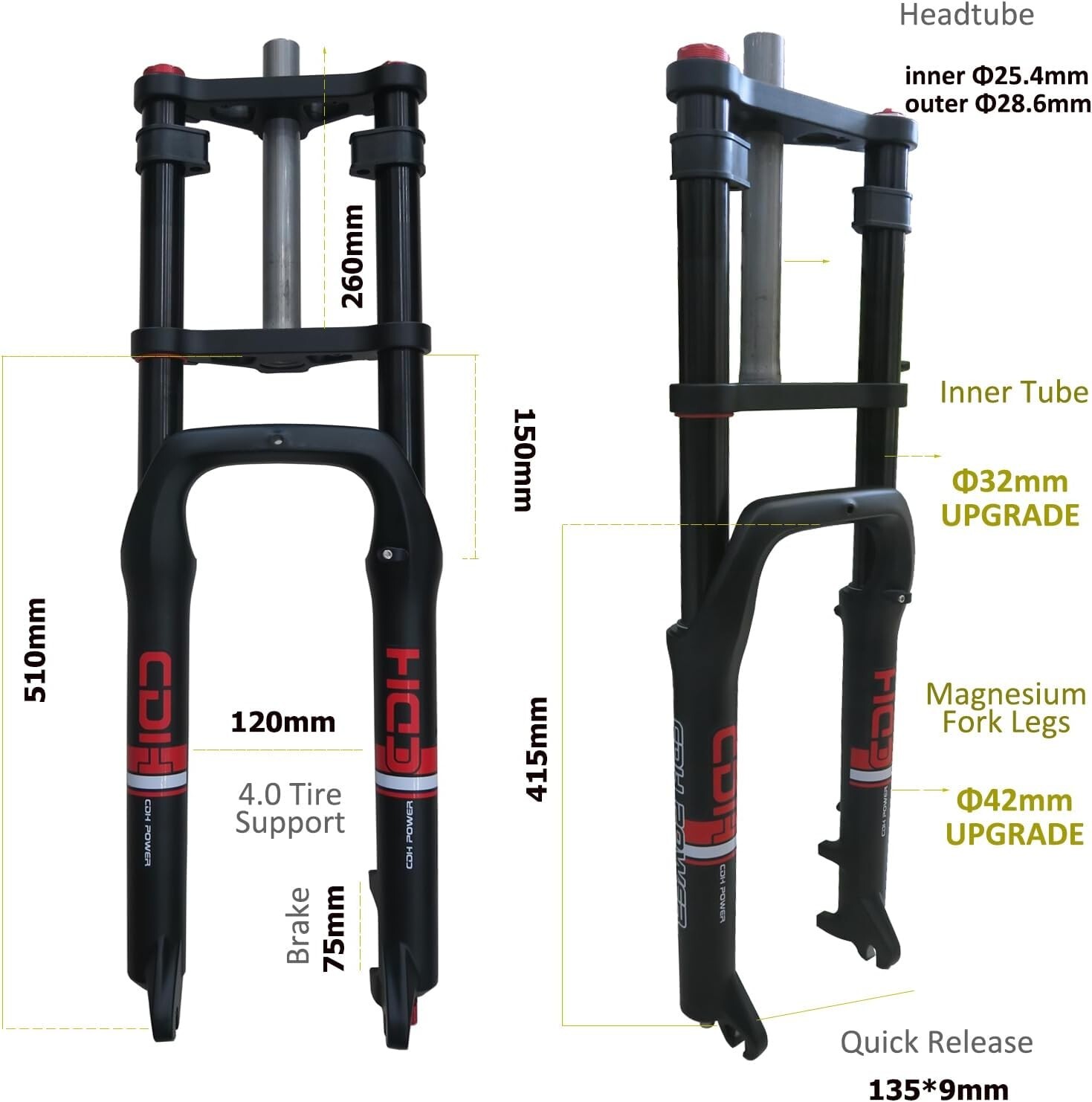 26*4.0″ Bike Fork Air Suspension Fork Double Shoulder & 44-55mm Tapered Headset