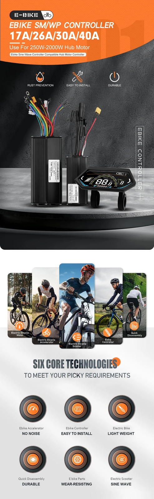 Ebike 3-Mode SineWave Controller 17A 26A 30A 40A with LCD UKC1 Display 1T5 Cable