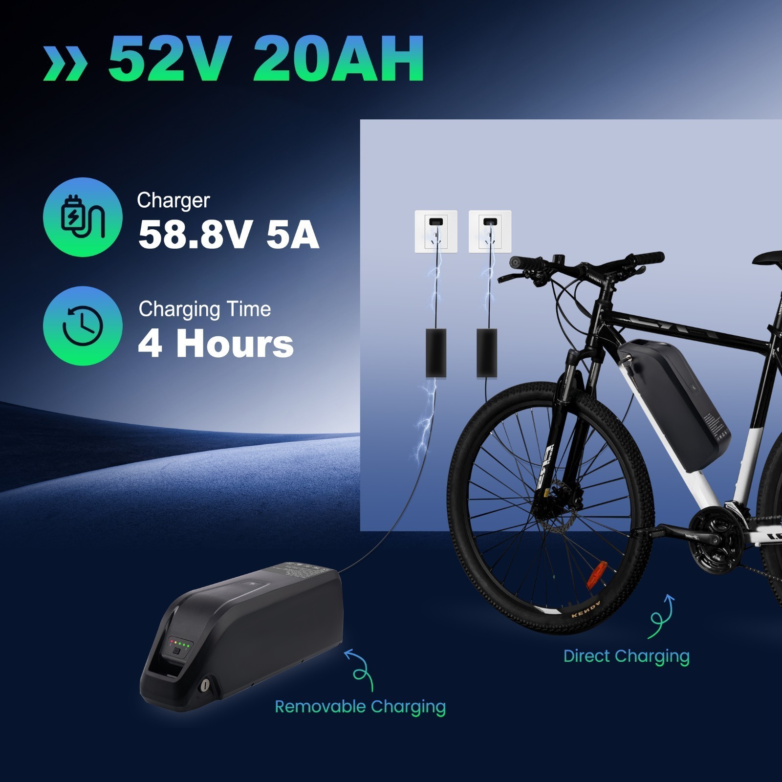 52V/48V/36V 10AH/15AH/20AH electric bike lithium battery for eBike 2000W Motor