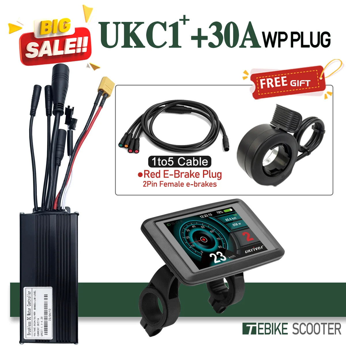 Ebike Sinewave 3 Mode 17A26A30A40A Controller+Color UKC1 Display 250-2000W Motor