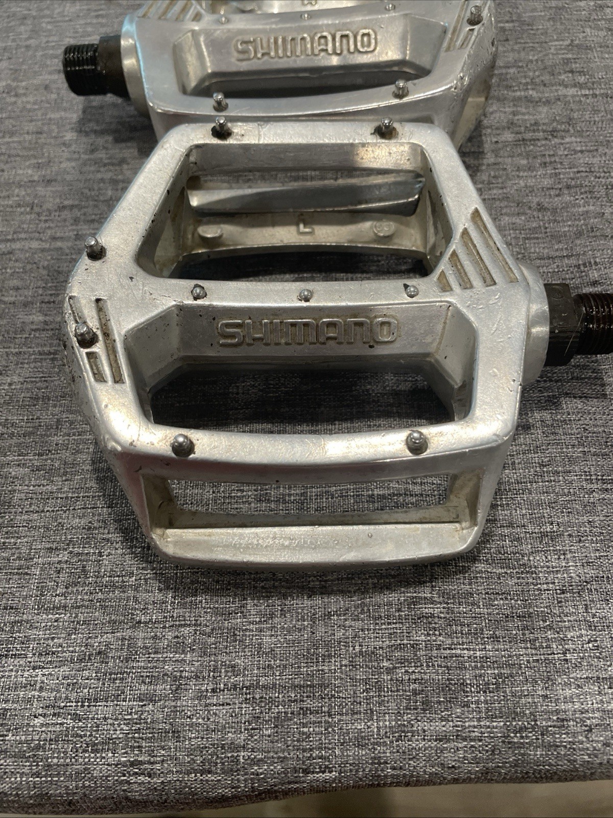 80’s Shimano Universal Flat/Platform Bike Pedals Pair, Alloy, Silver/Black 9/16